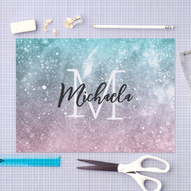 Aqua blue Pink ombre sea galaxy abstrakt Monogram Seidenpapier (Handwerk)