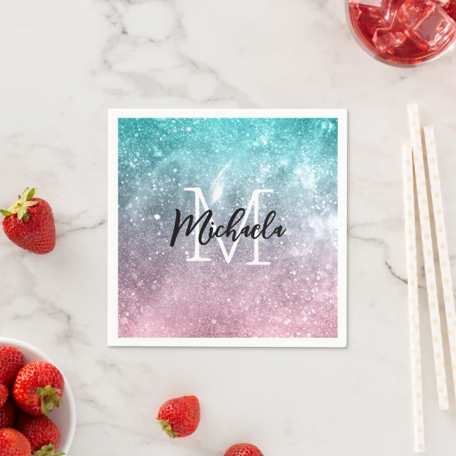 Aqua blue Pink ombre sea galaxy abstrakt Monogram Serviette (Beispiel)