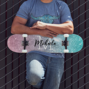 Aqua blue Pink ombre sea galaxy abstrakt Monogram Skateboard