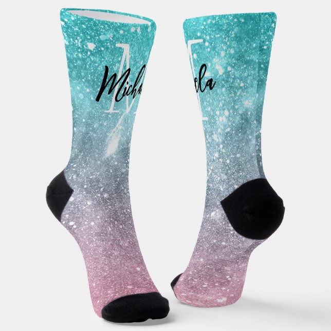 Aqua blue Pink ombre sea galaxy abstrakt Monogram Socken (Gewinkelt)
