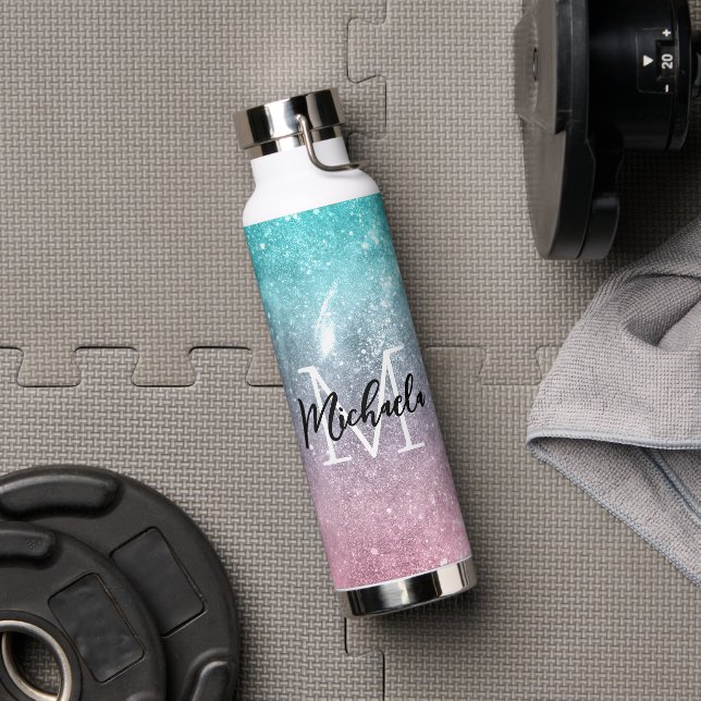 Aqua blue Pink ombre sea galaxy abstrakt Monogram Trinkflasche (Fitnessstudio)