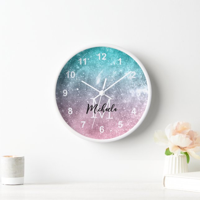Aqua blue Pink ombre sea galaxy abstrakt Monogram Uhr (Zuhause)