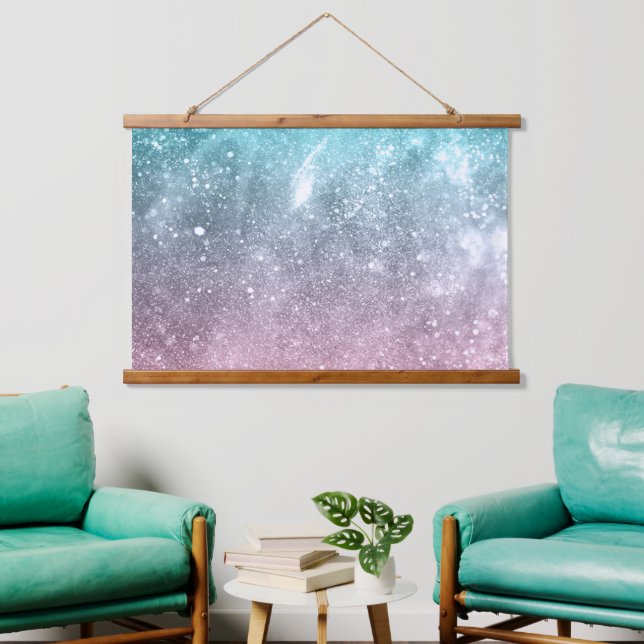 Aqua Blue Pink ombre Sea Galaxy abstrakt Wandteppich Mit Holzrahmen (Wohnzimmer)