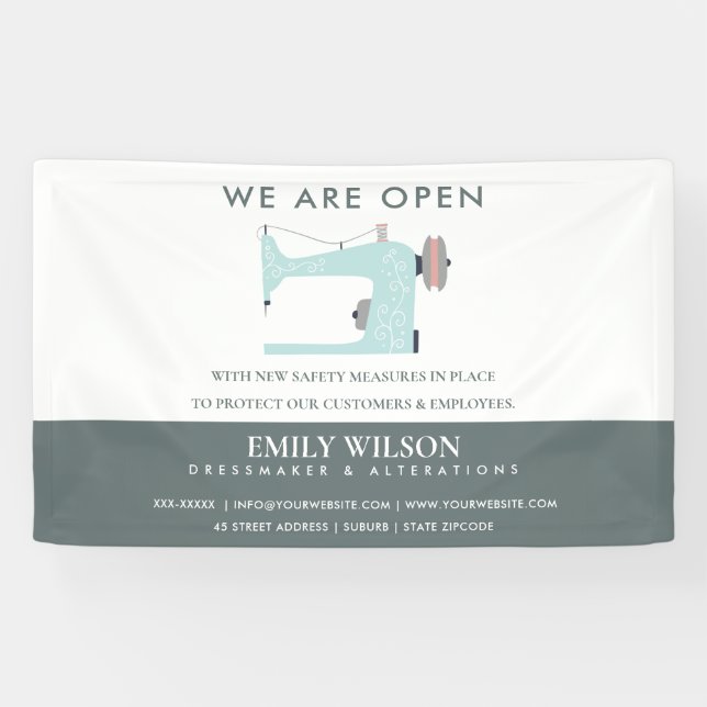 AQUA BLUE PINK SEWING MACHINE TAILOR WIEDER ERÖFFN BANNER (Horizontal)