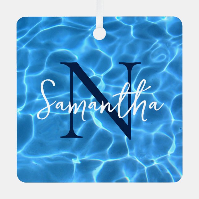 Aqua Blue Pool Foto Mit Monogramm Ornament Aus Metall (Vorderseite)