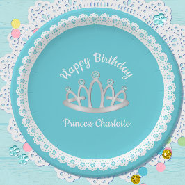 Aqua Blue Princess Tiara Birthday Paper Plate Pappteller