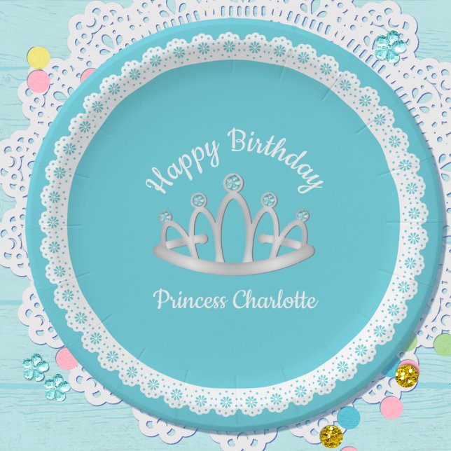 Aqua Blue Princess Tiara Birthday Paper Plate Pappteller (Von Creator hochgeladen)