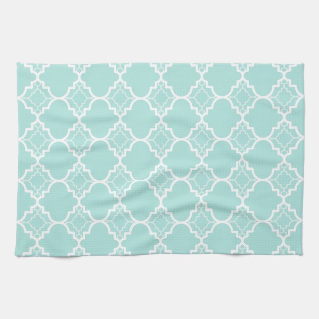 Aqua Blue Quatrefolie Geometrisches Muster Geschirrtuch (Horizontal)