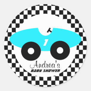 Aqua Blue Race Car Baby Dusche Runder Aufkleber