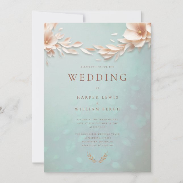 Aqua Blue Rosa Blütenhochzeit Einladung (Vorderseite)