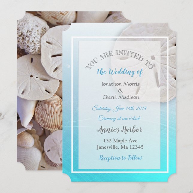 Aqua Blue Sand Dollar Hochzeitseinladungen Einladung (Vorne/Hinten)