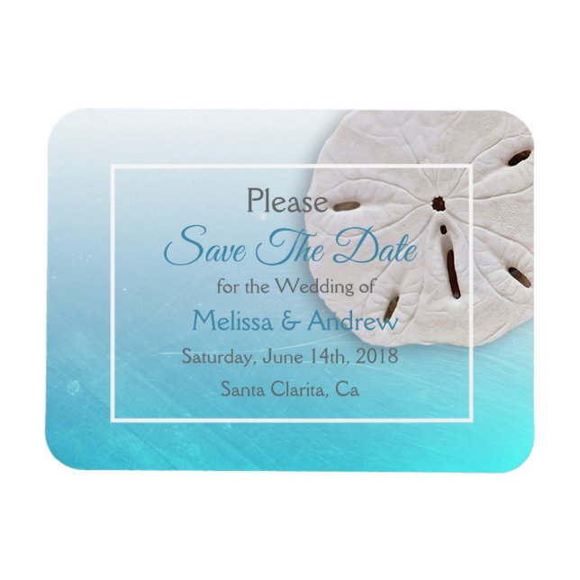 Aqua Blue Sand Dollar Wedding Save the Date Magnet (Horizontal)