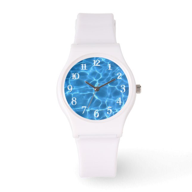 Aqua Blue Schwimmbad Foto Weiße Schwimmentzahlen Armbanduhr (Vorderseite)