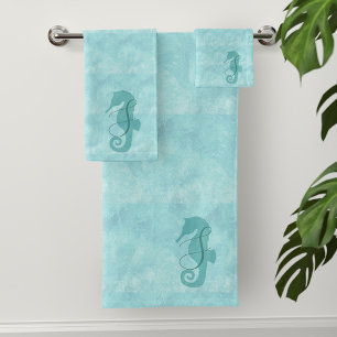 Aqua Blue Seahorse Monogramme Ensemble de serviett
