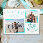 Aqua Blue Seas & Greetings Beach Weihnachten 2 Fot<br><div class="desc">Dieser Strand inspiriert Weihnachtskarte verfügt über zwei gerahmte Fotos,  ein weißer Sand Dollar und 2 weiße Seesterne auf aqua blauen Glitzer Koralle,  und "Seas & Greetings" in einem trendigen Handschrift-Script-Schriftart.</div>