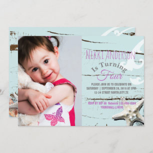 Aqua Blue Seashell Beach Foto Geburtstagsparty Einladung