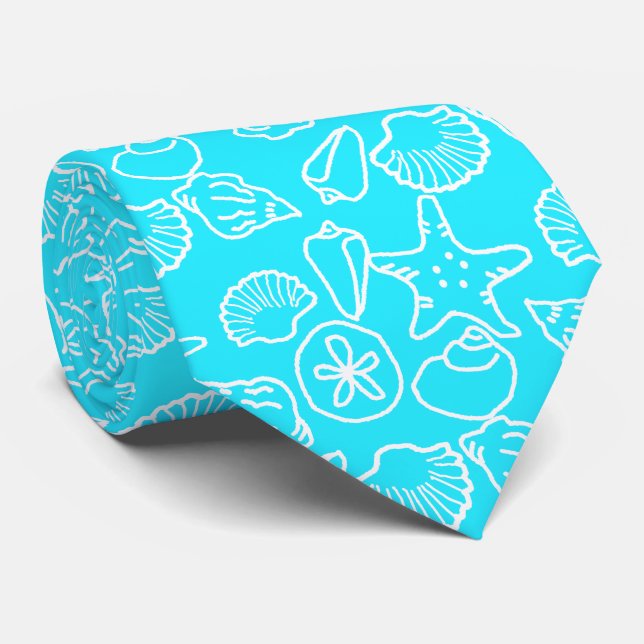 Aqua Blue Seashell Pattern Tropical Groom Krawatte (Gerollt)