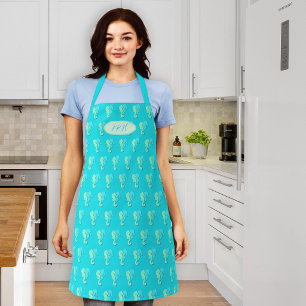Aqua Blue Seepferde Muster Mit Monogramm Köche Schürze