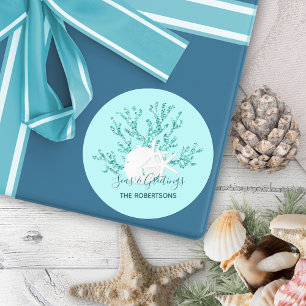 Aqua Blue Sees und Grüße Weihnachten Runder Aufkleber
