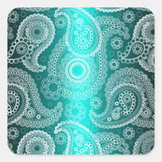 Aqua Blue Shimmer Satin White Lace Paisley Aufkleb Quadratischer Aufkleber