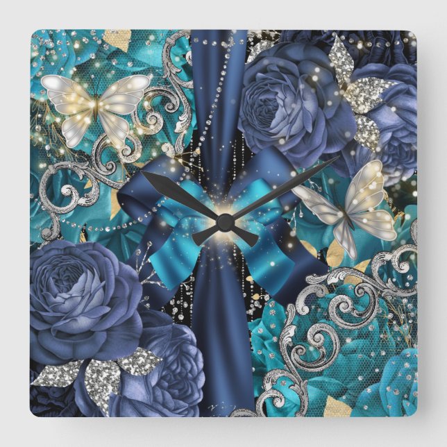 Aqua-Blue-Silberschmetterling-Fantasy-Shabby Chic Quadratische Wanduhr (Vorderseite)