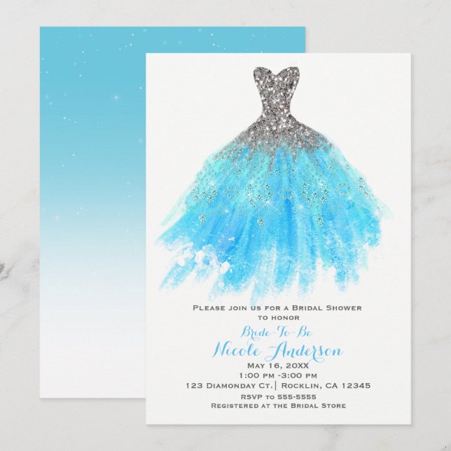 Aqua Blue Silver Glitzer Glam Dress Brautparty Einladung (Vorne/Hinten)