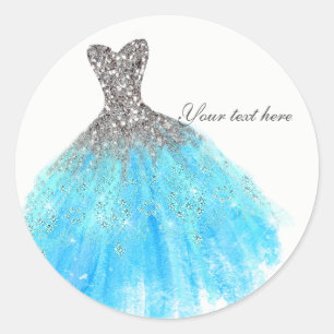Aqua Blue Silver Glitzer Glam Dress Gastgeschenk Runder Aufkleber