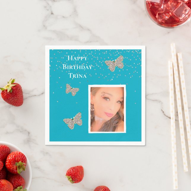 Aqua Blue Silver Sparkle Butterfets Ihr Foto Serviette (Beispiel)