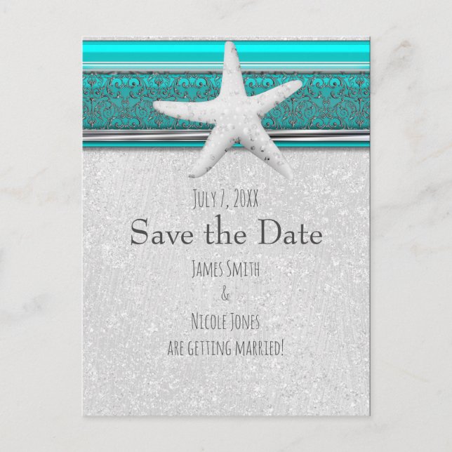 Aqua Blue & Silver Starfish Beach Save the Date Ankündigungspostkarte (Vorderseite)