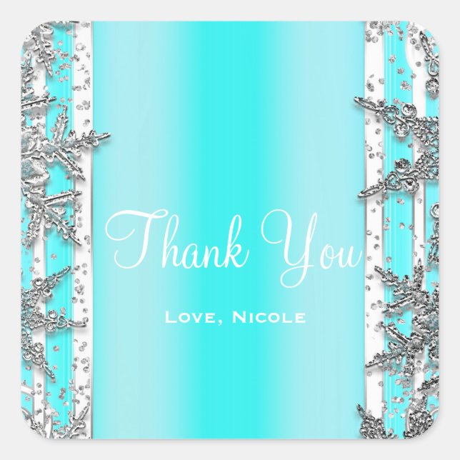 Aqua Blue & Silver Winter Schneeflocken Elegantes  Quadratischer Aufkleber (Vorderseite)