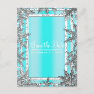 Aqua Blue & Silver Winter Schneeflocken Save the D Ankündigungspostkarte