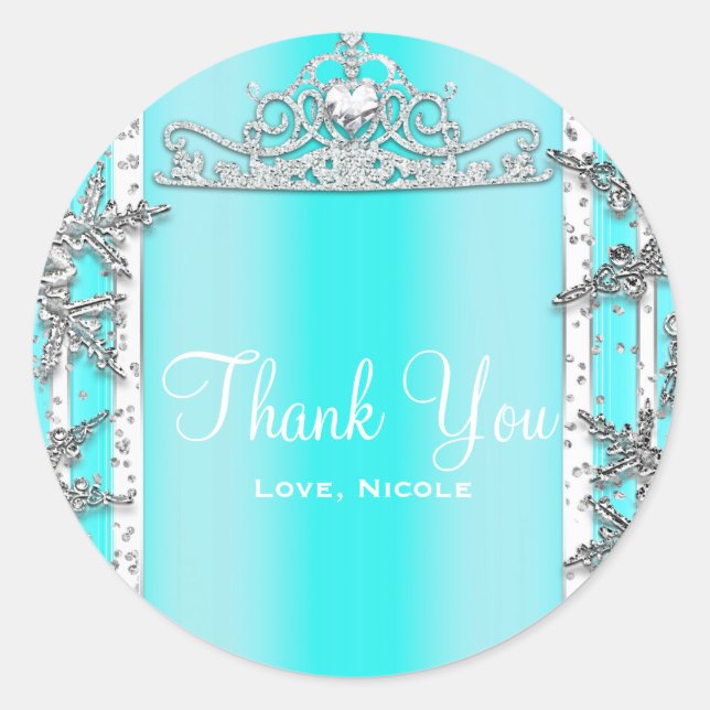 Aqua Blue & Silver Winter Schneeflocken Sweet 16 Runder Aufkleber (Vorderseite)