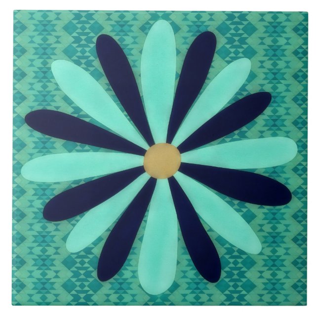 Aqua Blue Southwestern Style Flower Art Decorative Fliese (Vorderseite)