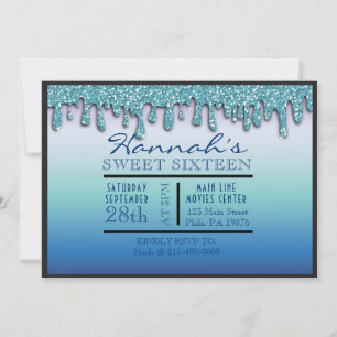 Aqua Blue Sparkle Drippy Tropfen 16 . Geburtstag P Einladung