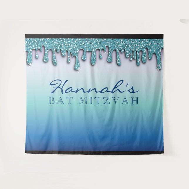 Aqua Blue Sparkle Drippy Tropfen Bat Mitzvah Hinte Wandteppich (Vorderseite (Horizontal))