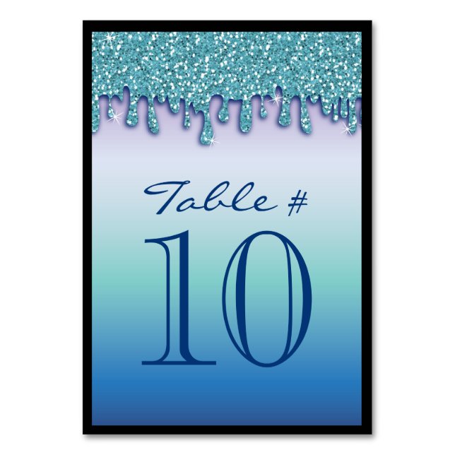 Aqua Blue Sparkle Drippy Tropfen Tischnummer (Vorderseite)