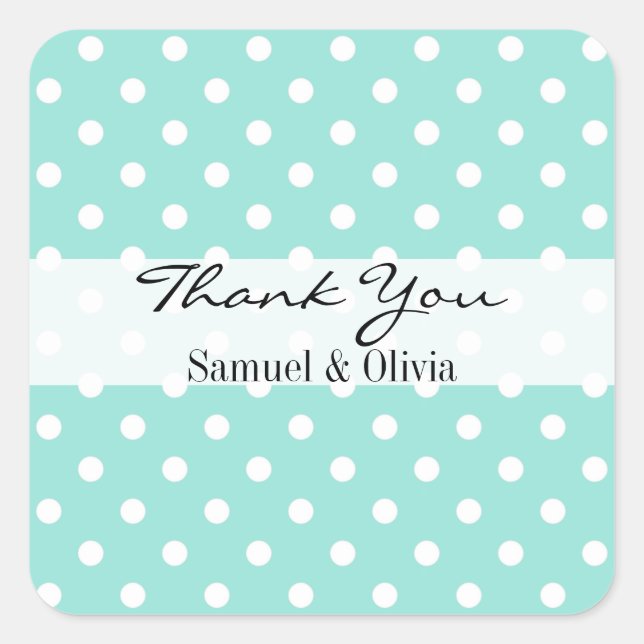 Aqua Blue Square Custom Polka Dotted Danke Quadratischer Aufkleber (Vorderseite)