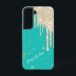 Aqua Blue Star Sparkle Silver Glitzer Tropfen Samsung Galaxy Hülle<br><div class="desc">Dieser glamouröse Handy-Fall hat einen Hintergrund von tiefblauem Wasser mit winzigen silber und goldfarbenen Sternenstern. Die Oberseite ist mit silbernen Imitaten Glitzer Tropfen bedeckt. Ihr Name ist in weißem Skript diagonal über den unteren Rand. Hübsch!</div>
