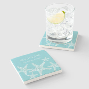 Aqua Blue Starfish Coastal Beach House Family Steinuntersetzer