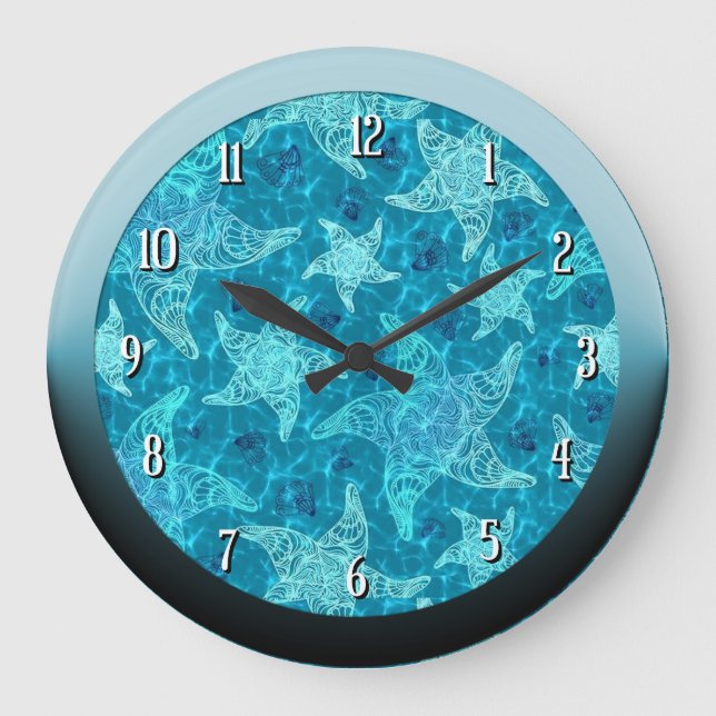 Aqua Blue Starfish Muster Rundwand Große Wanduhr (Vorderseite)