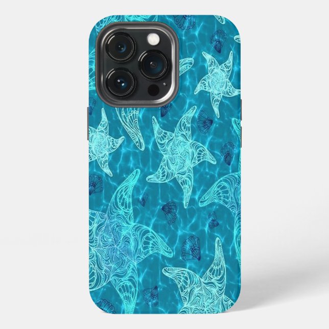 Aqua Blue Starfish Pattern iPhone 13 Pro Hülle (Hinten)