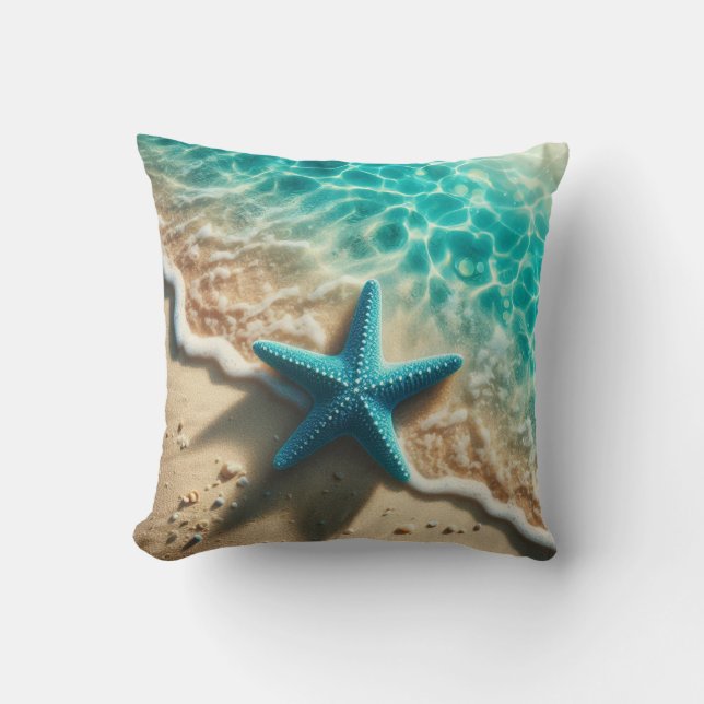 Aqua Blue Starfish Seashell Tropical Beach Kissen (Vorderseite)