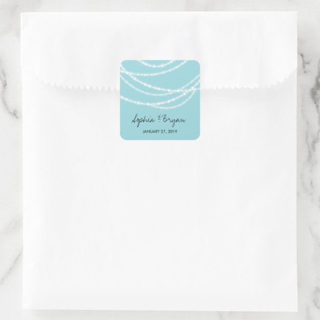Aqua Blue Stilvolle Funkellichter Hochzeit Quadratischer Aufkleber (Tasche)