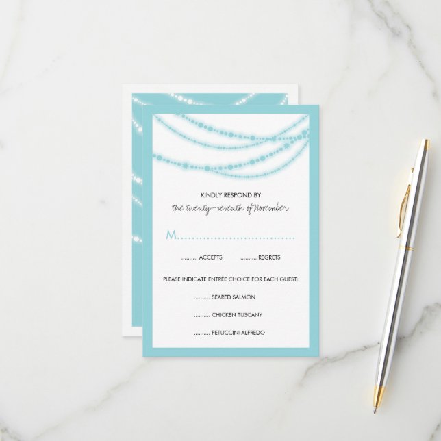 Aqua Blue Stilvolle Funkellichter Hochzeit RSVP Karte (Vorderseite/Rückseite Beispiel)