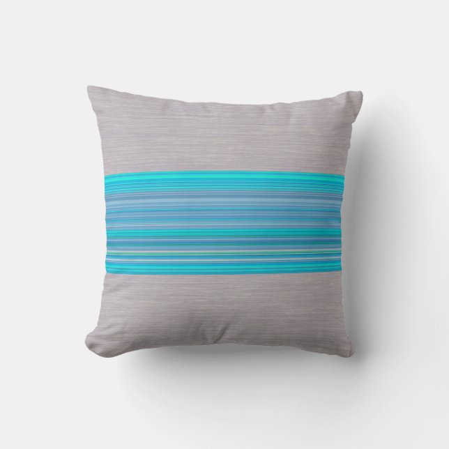 Aqua Blue Striping Muster auf Silbergrau Kissen (Vorderseite)