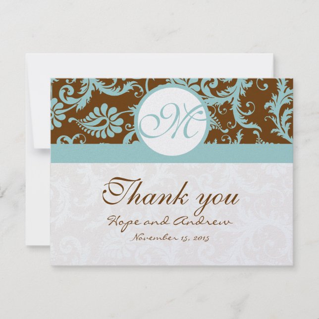 Aqua Blue sur Mariage damassé Brown Merci Cartes (Devant)