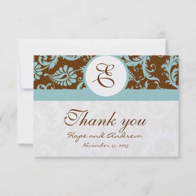 Aqua Blue sur Mariage damassé Brown Merci Cartes (Devant)