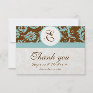 Aqua Blue sur Mariage damassé Brown Merci Cartes