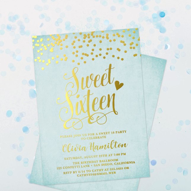 Aqua Blue Sweet 16 Gold Confetti Foil Invitation (Créateur téléchargé)