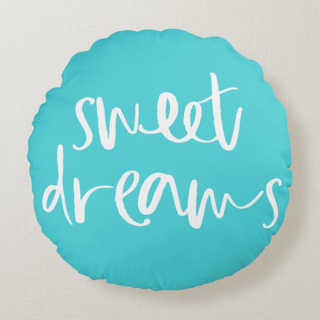 Aqua Blue Sweet Dreams Handschrift Rundkissen Rundes Kissen (Vorderseite)